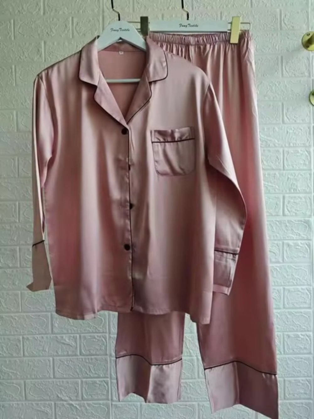 Women's Satin Pajama Set in Blush Pink with Contrast Trim